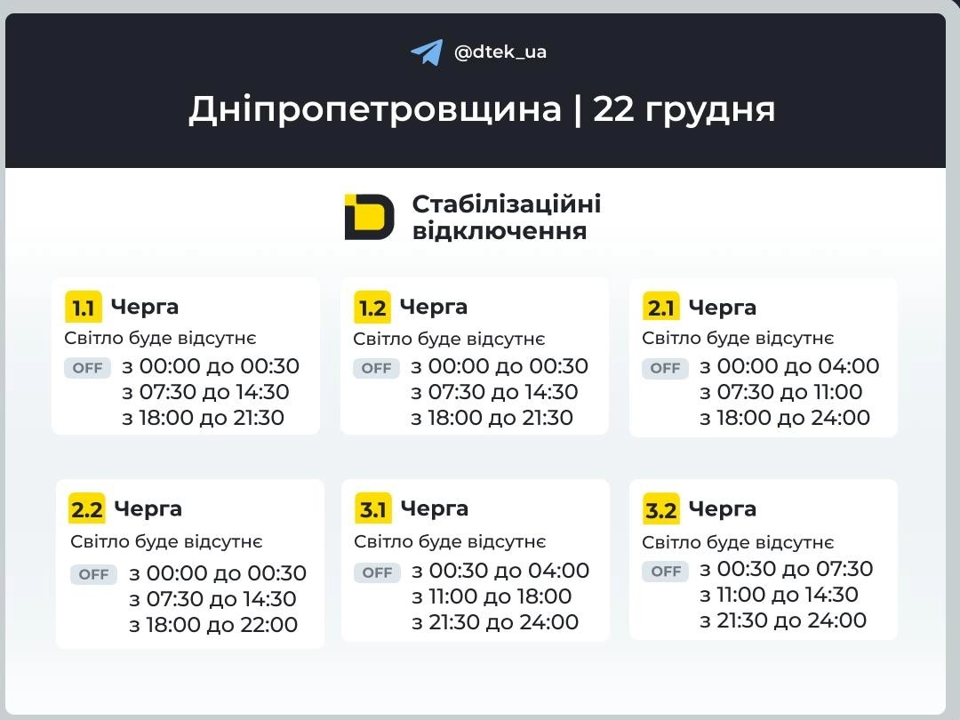 Масштабні відключення світла в Дніпрі та області: графіки на 22 грудня