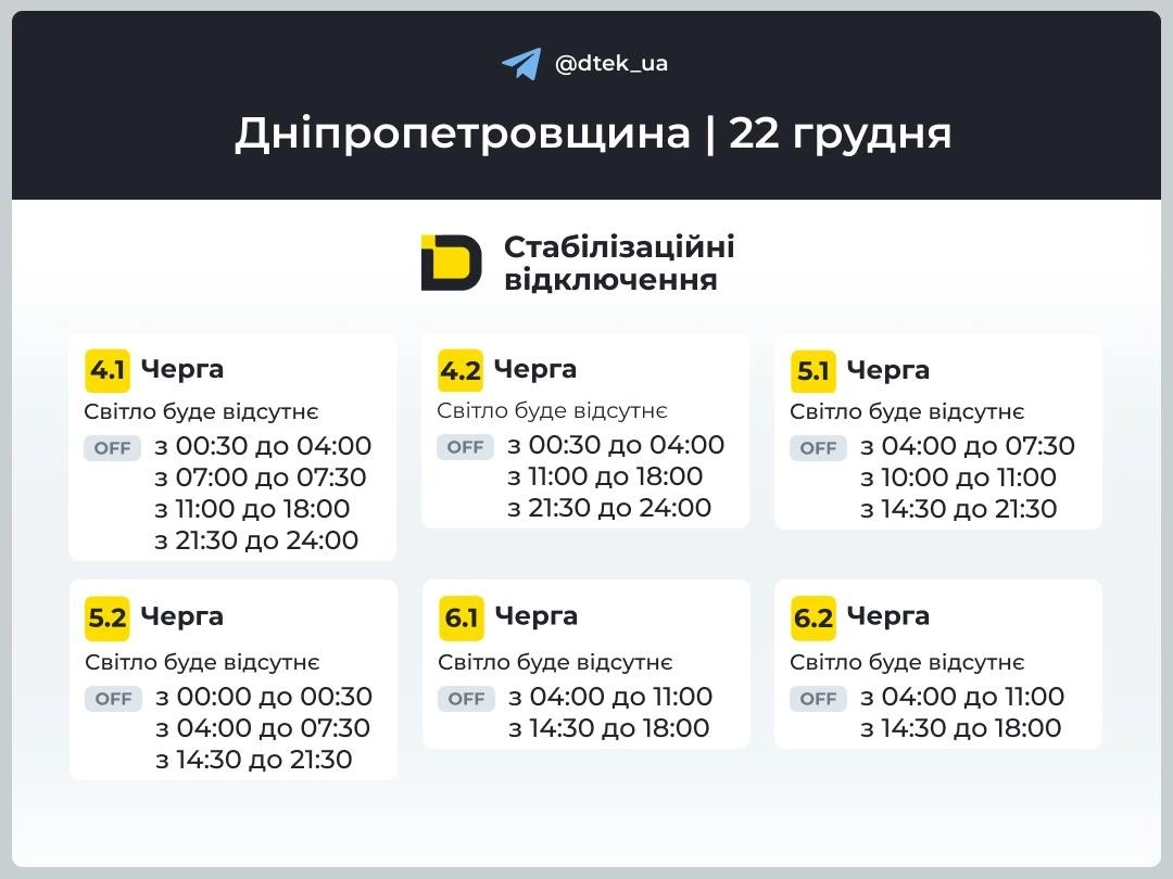 Масштабні відключення світла в Дніпрі та області: графіки на 22 грудня