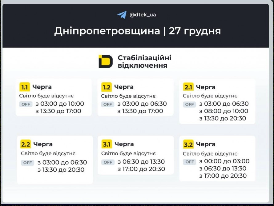 27 грудня на Дніпропетровщині запровадять погодинні відключення електроенергії