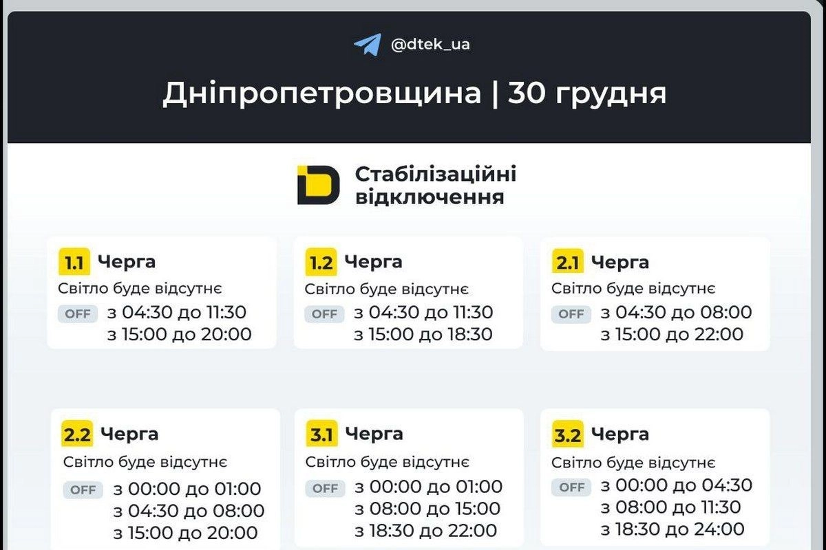 Стабілізаційні відключення на Дніпропетровщині: графіки відключень світла на 30 грудня