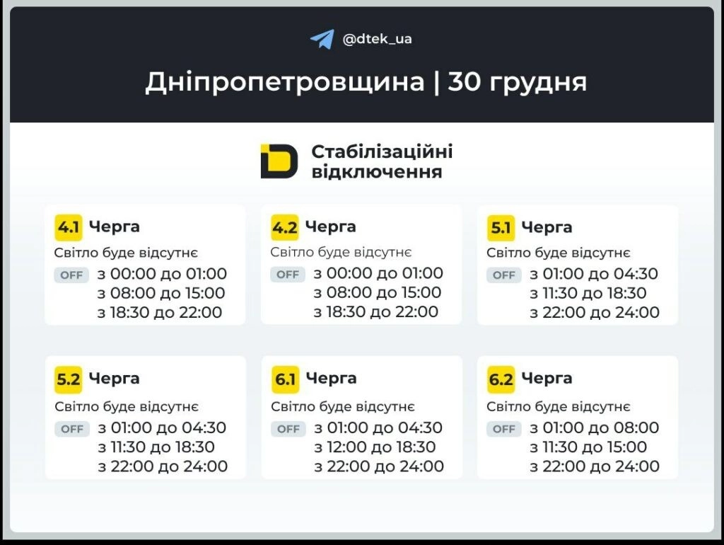 Стабілізаційні відключення на Дніпропетровщині: графіки відключень світла на 30 грудня