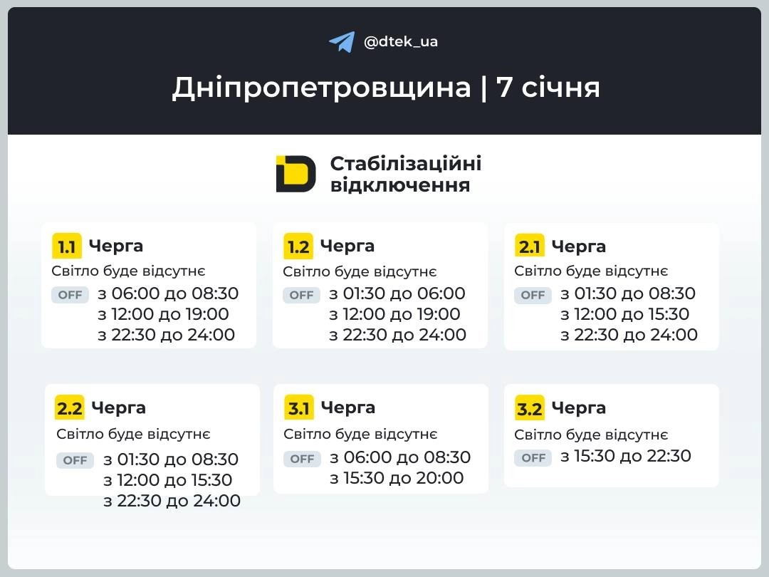 У Дніпропетровщині 7 січня стартують погодинні відключення електроенергії
