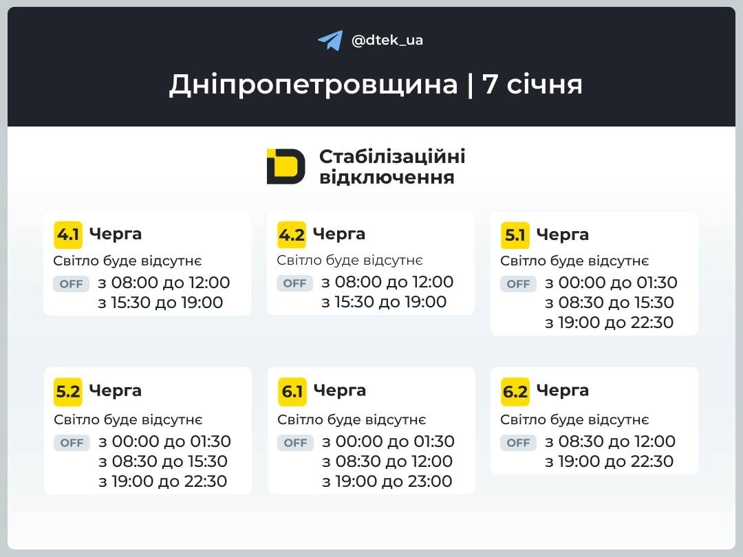 У Дніпропетровщині 7 січня стартують погодинні відключення електроенергії