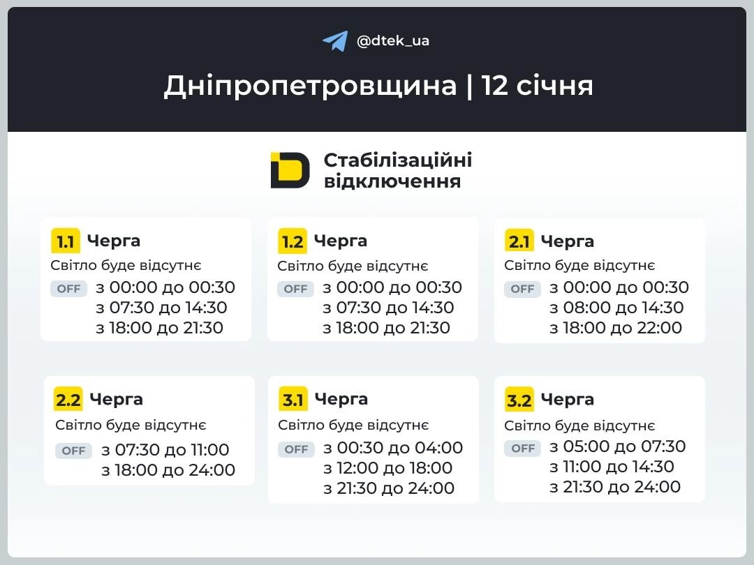 ДТЕК оголосив графік відключень світла для Дніпра та області на 12 січня