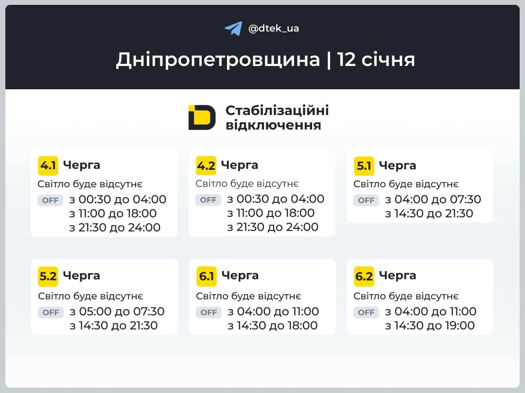 ДТЕК оголосив графік відключень світла для Дніпра та області на 12 січня