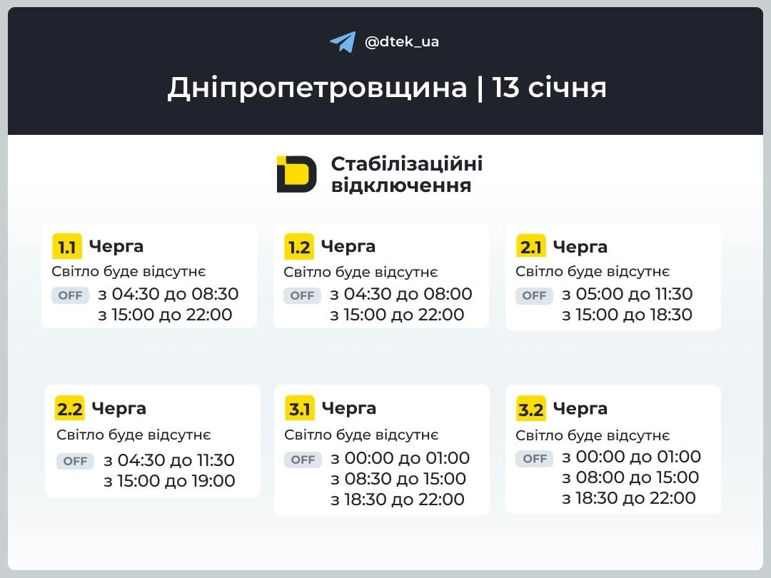 Обмеження електропостачання у Дніпрі та області 13 січня: графіки відключень