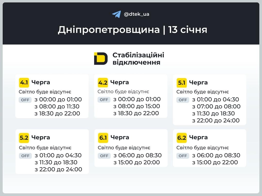 Обмеження електропостачання у Дніпрі та області 13 січня: графіки відключень